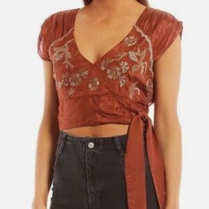 Free People Sahara Embroidered Top Women XS Brown Boho Short Sleeve Blouse
